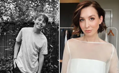 Black and white photo of a smiling boy outdoors and a woman indoors with short brown hair and a sheer white top.