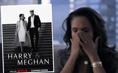 "Image of Harry & Meghan Netflix poster; emotional woman covers face in background."