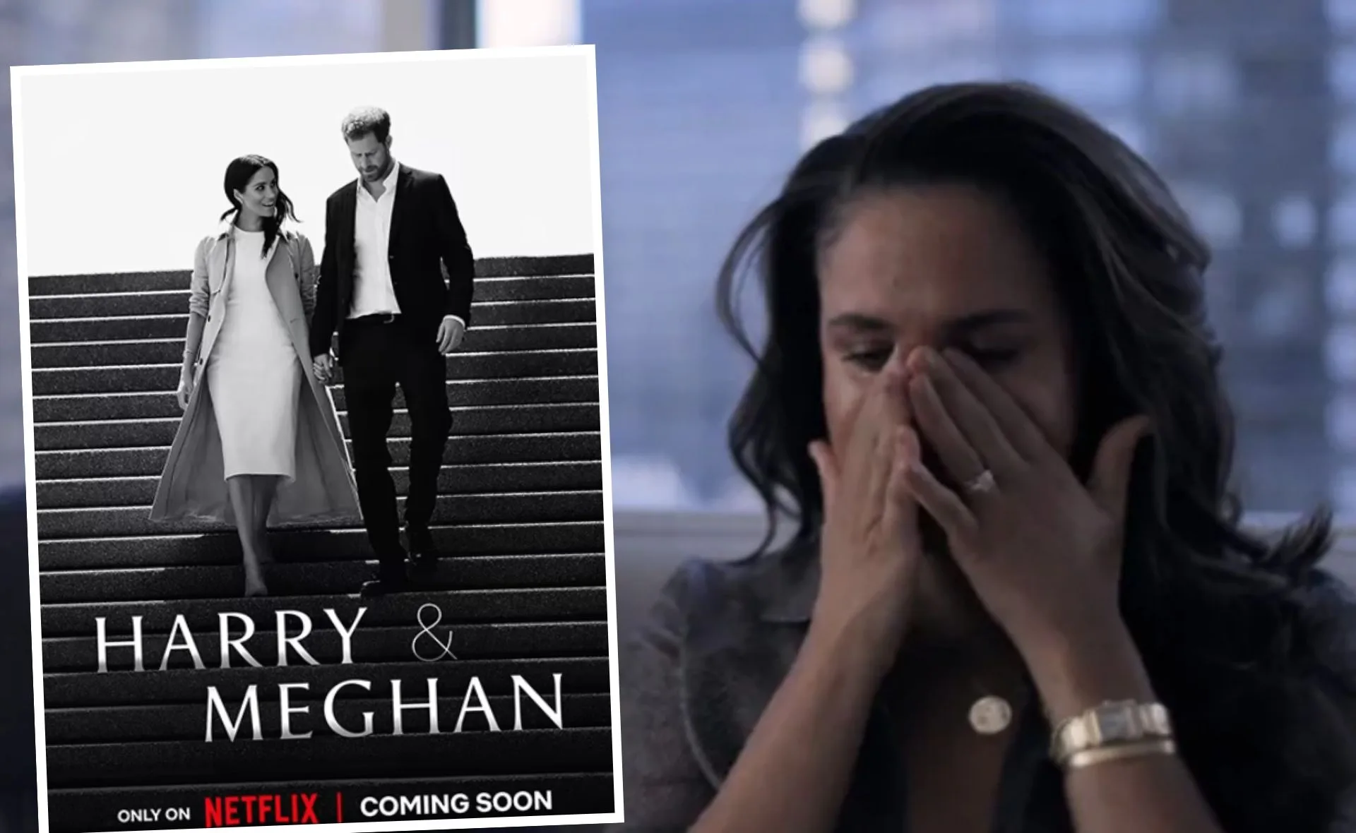 Poster of "Harry & Meghan" documentary with a woman in tears in the foreground.