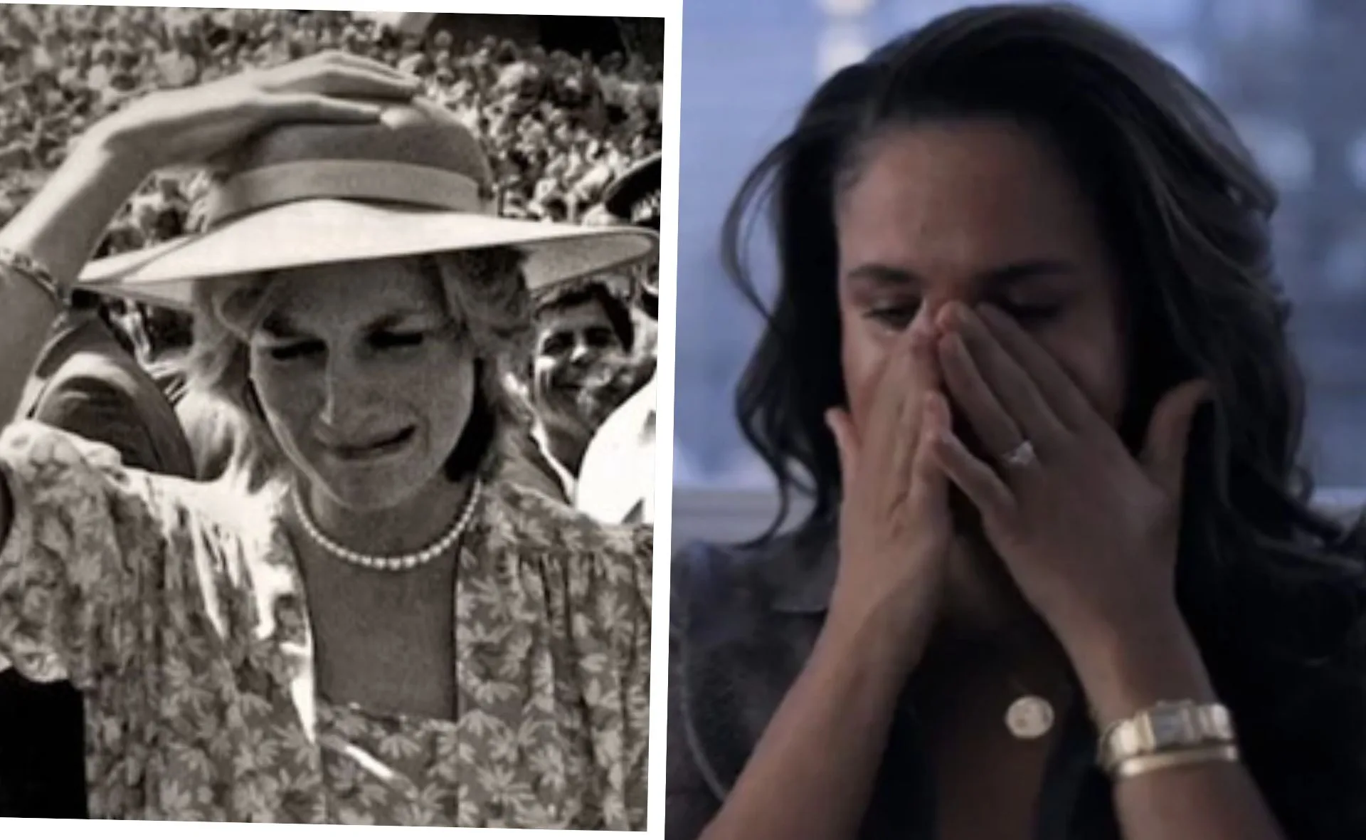 Side-by-side images of a woman in a floral dress with a hat and pearls, and another woman covering her face with hands.