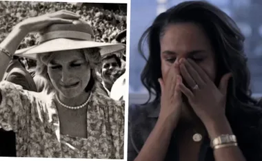 Side-by-side images of a woman in a floral dress with a hat and pearls, and another woman covering her face with hands.
