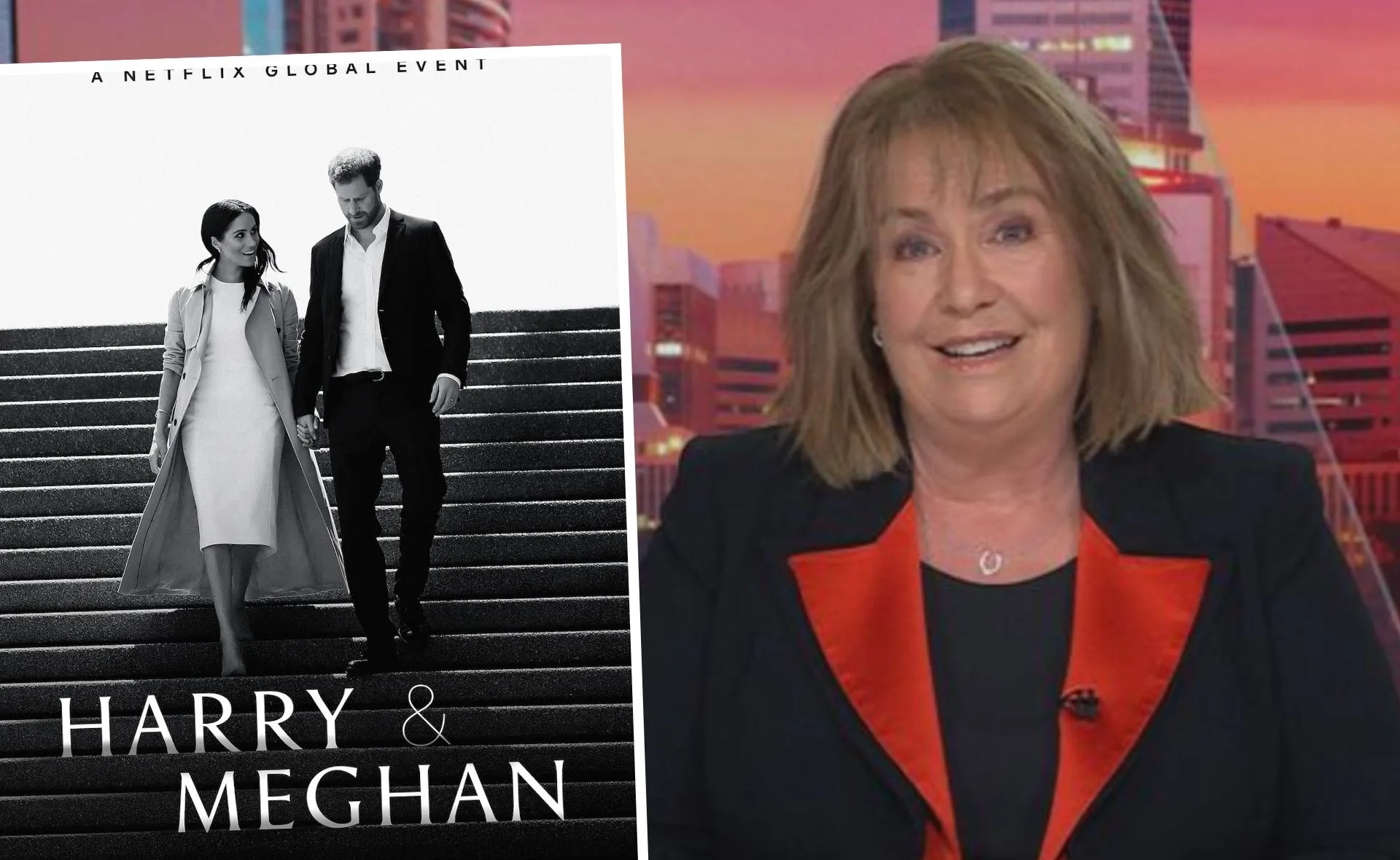 Tracy Grimshaw with 'Harry & Meghan' poster on screen; Netflix documentary event.