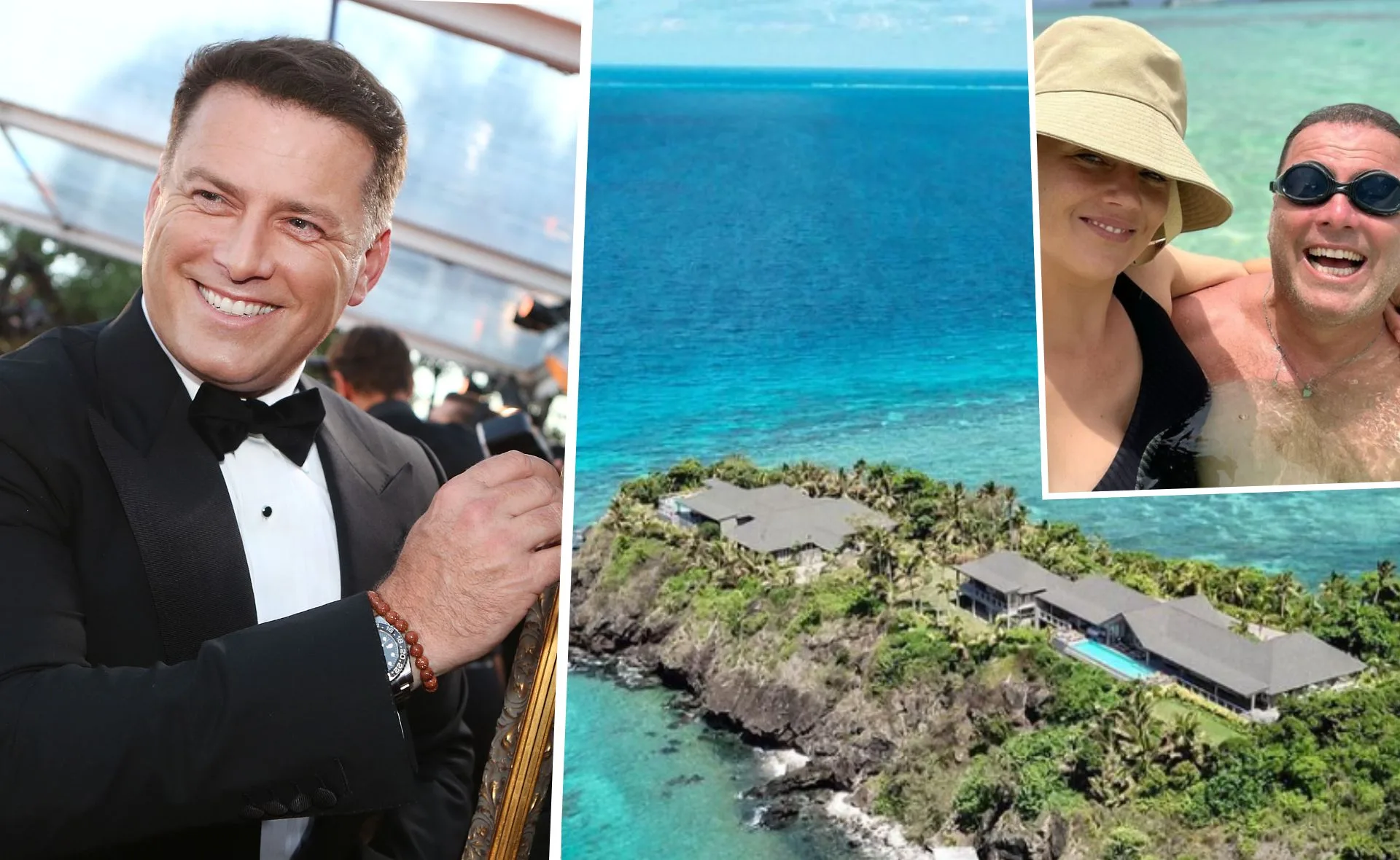 Karl Stefanovic in a tuxedo, a tropical villa in Fiji, and a couple enjoying a swim in the ocean.