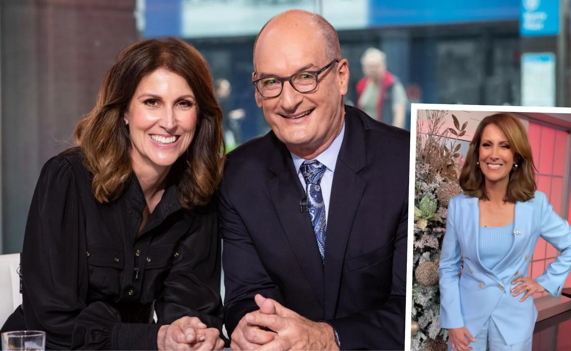 Two hosts smiling on set; one in black, one in a suit, with a smaller image inset showing a woman in a light blue outfit.