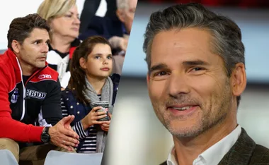 Eric Bana attends a sports event with his daughter, wearing a red and black jacket, and smiles in a separate close-up shot.