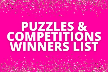 Puzzles & Competitions Winners List text on a pink background with gold and silver confetti.
