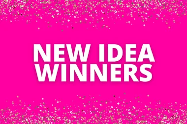 "Bold text 'New Idea Winners' on pink background with silver confetti border."