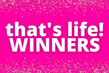 "Bright pink background with sparkling confetti and 'that's life! WINNERS' in bold white text."