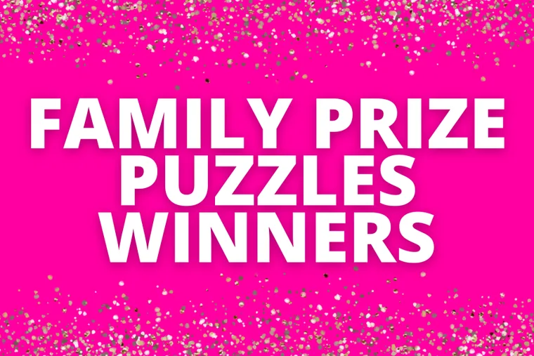 "Bright pink background with text 'Family Prize Puzzles Winners' surrounded by gold and silver sparkles."