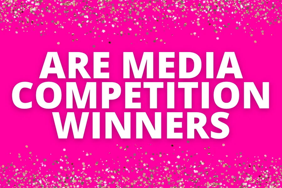 "ARE Media Competition Winners text on pink background with gold confetti."