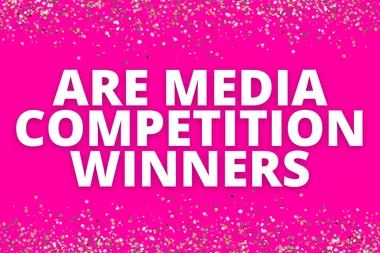 "ARE Media Competition Winners text on pink background with gold confetti."