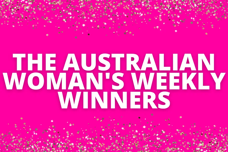 Pink background with white text: "The Australian Woman's Weekly Winners," surrounded by glitter.