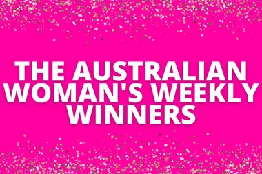 Pink background with white text: "The Australian Woman's Weekly Winners," surrounded by glitter.