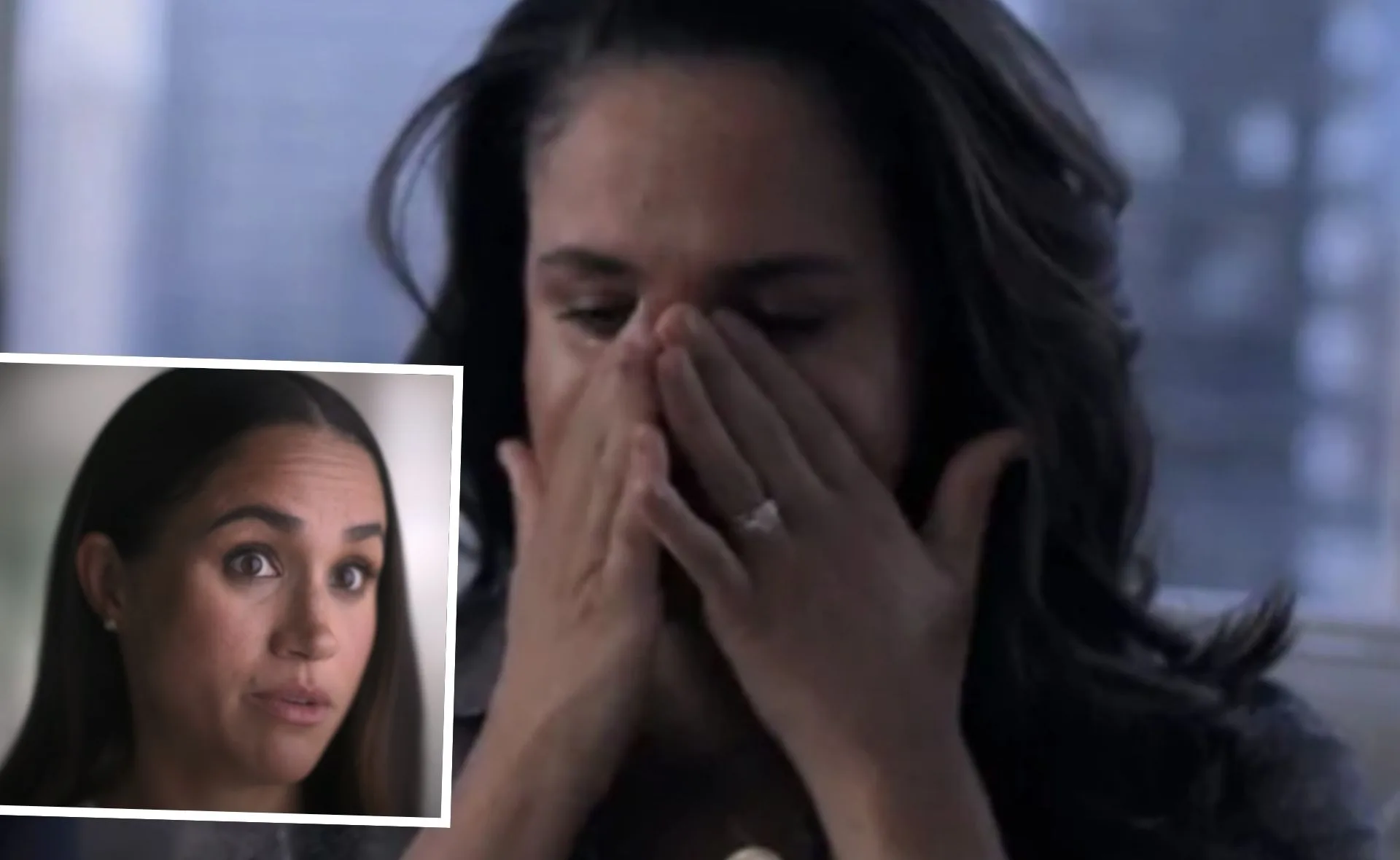 Two emotional women pictured, one covering her face and another inset, talking.