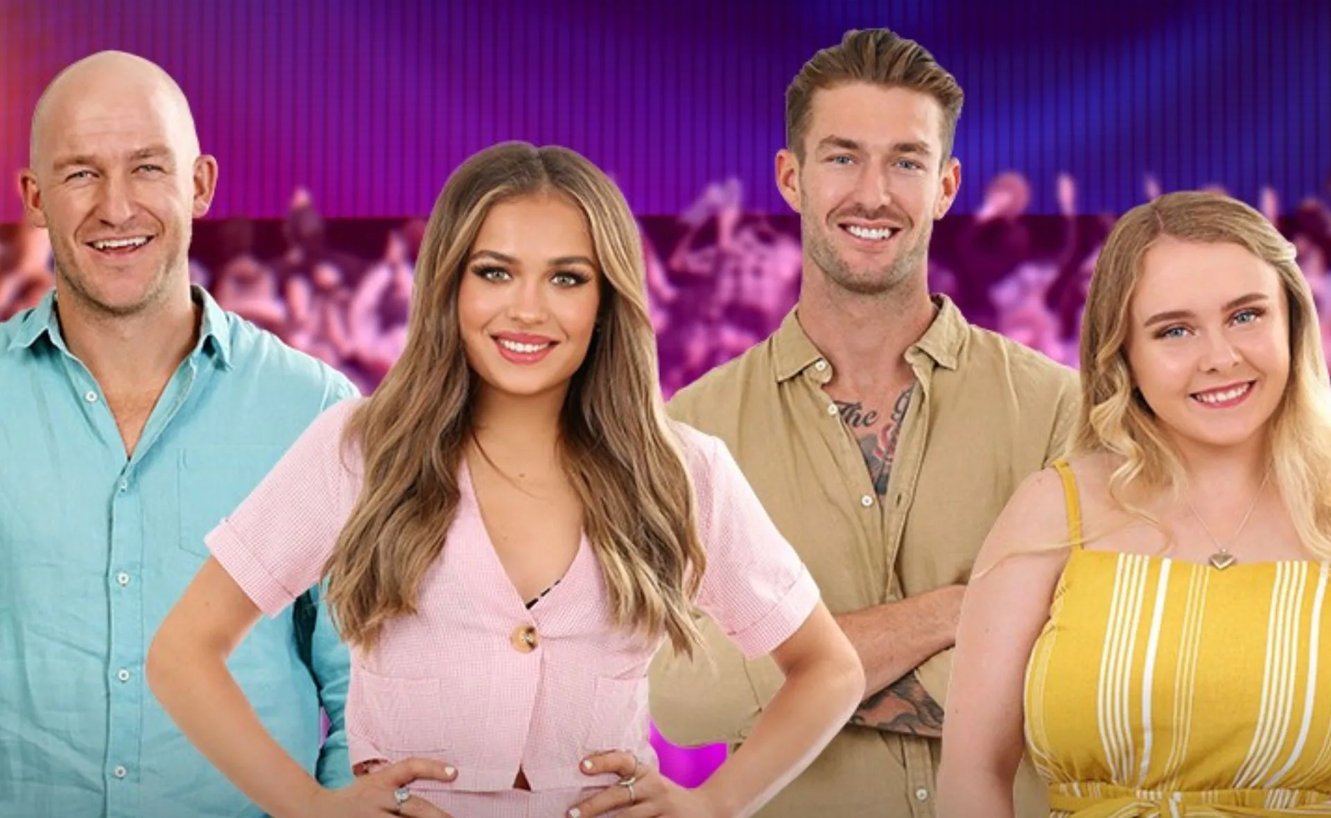 Four people smiling, standing side by side, with a colorful blurred background.