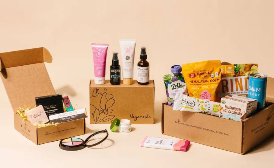Vegan subscription boxes with beauty products and snacks displayed against a neutral background.