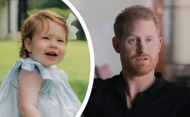 Lilibet wearing a bow and blue dress smiles outdoors; Prince Harry is featured alongside in the split image.