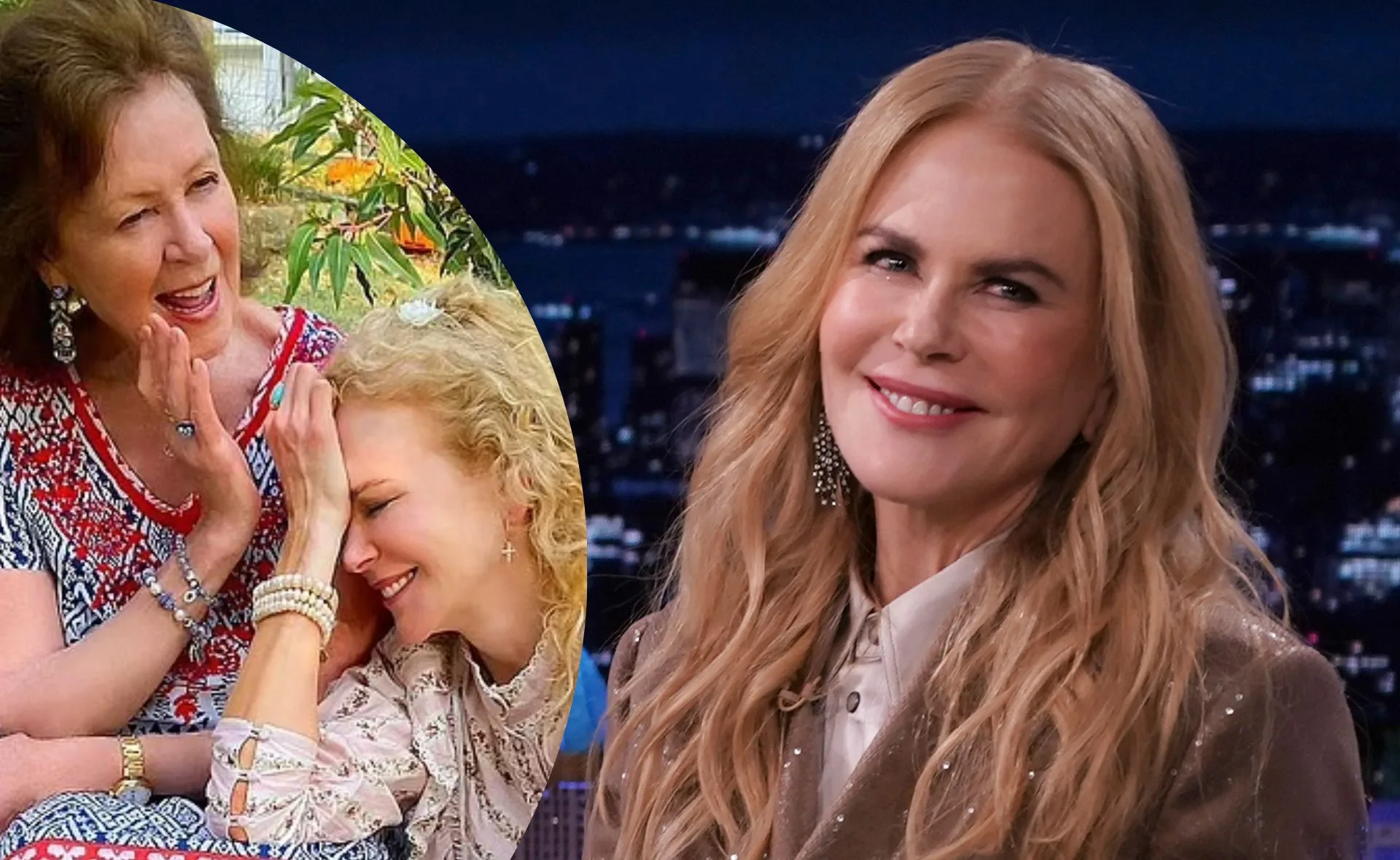 Nicole Kidman smiling on a talk show set; inset of her laughing with a woman outdoors.