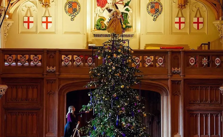 A large Christmas tree adorned with lights and ornaments in a decorated hall with a person standing beside it on a ladder.