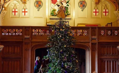 A large Christmas tree adorned with lights and ornaments in a decorated hall with a person standing beside it on a ladder.