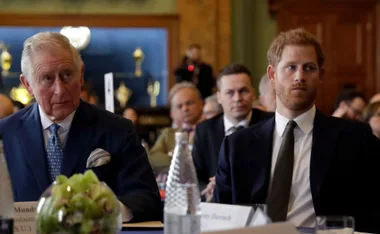 King Charles and Prince Harry sitting at a formal event, surrounded by other attendees.