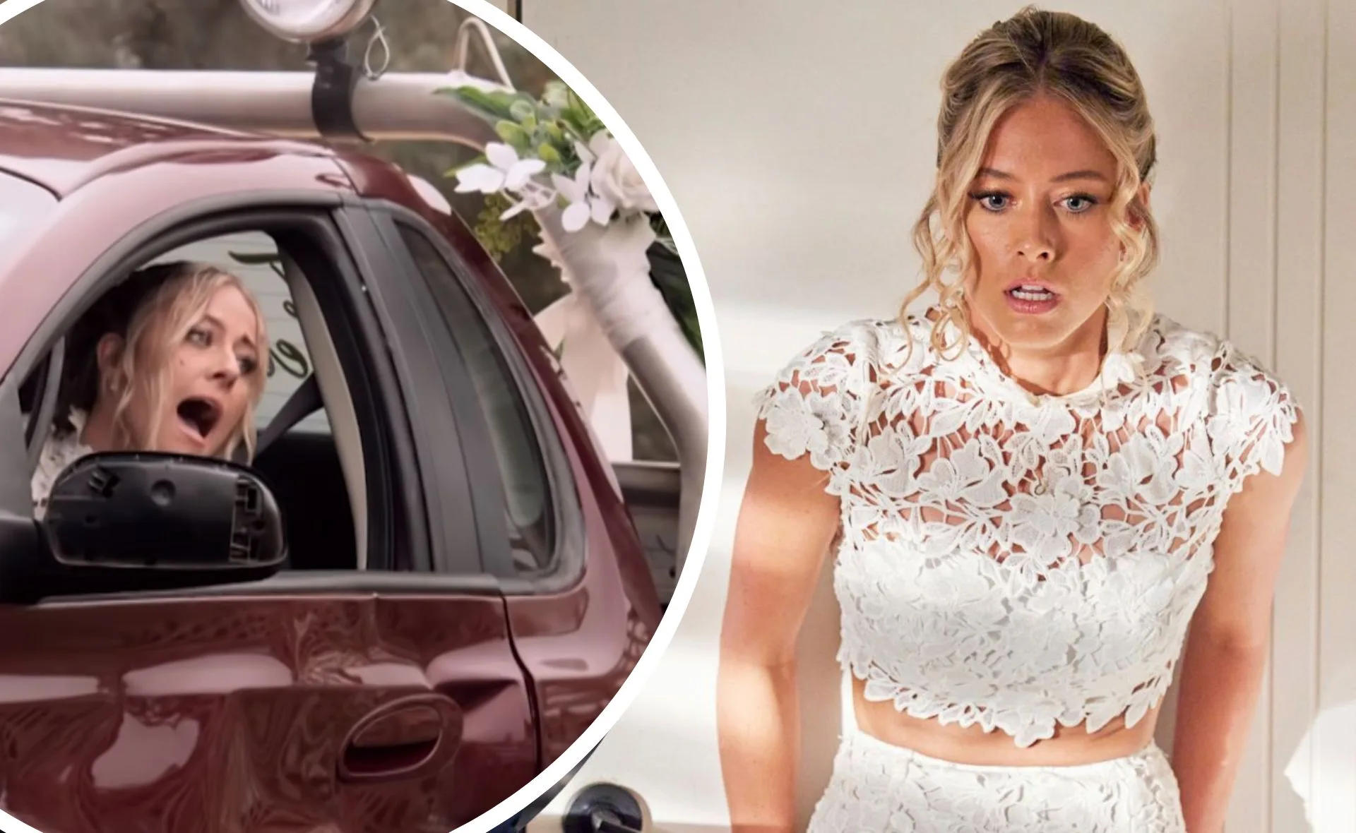 A woman in a lace wedding dress looks shocked, sitting in a car and indoors, showing surprise and concern.