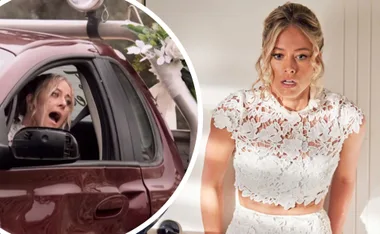 A woman in a lace wedding dress looks shocked, sitting in a car and indoors, showing surprise and concern.