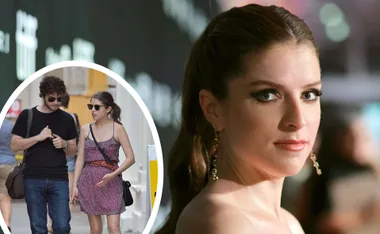 "Anna Kendrick at an event, inset shows her walking with a man in casual attire."
