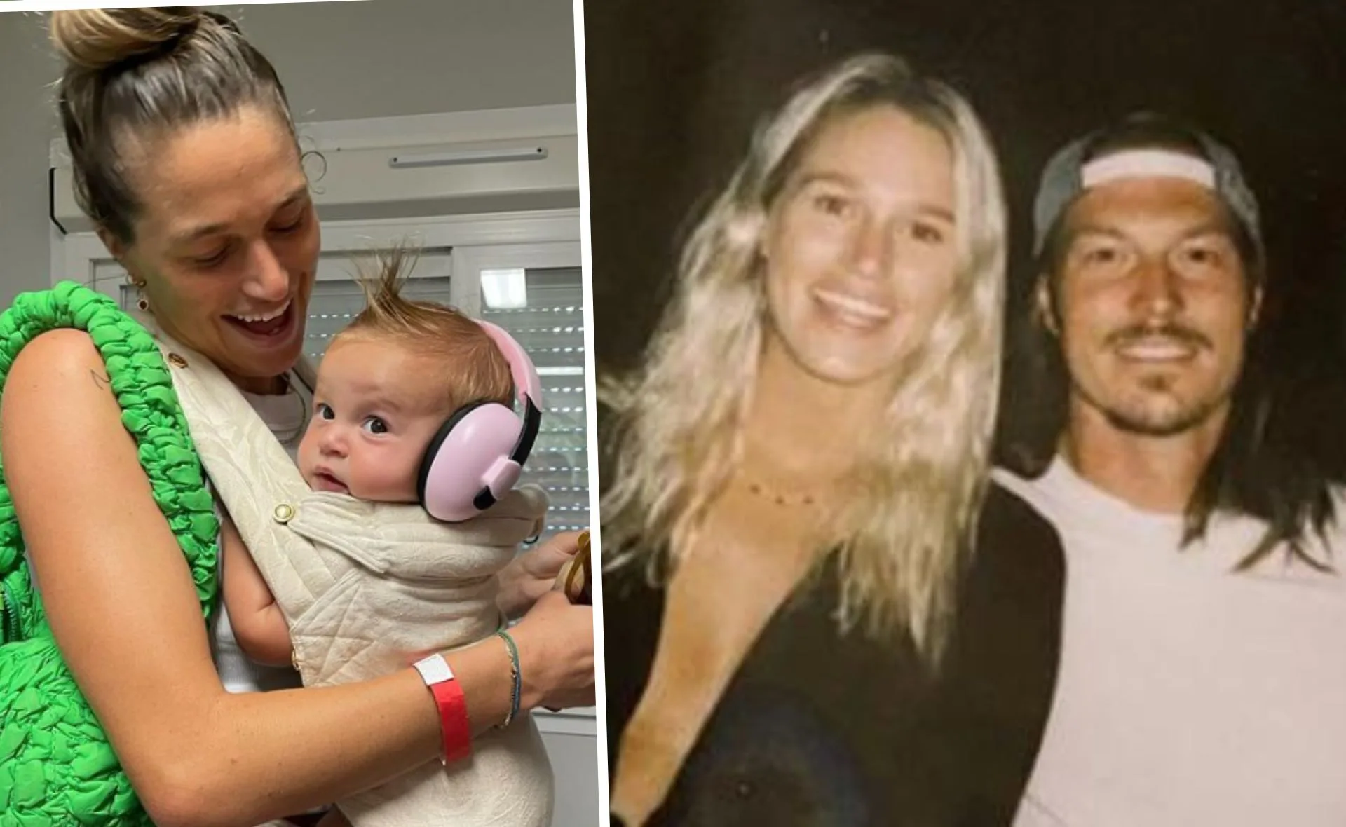 Woman smiling at a baby in a carrier with headphones; another woman and man smiling in an inset.