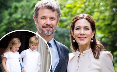 Family portrait featuring a smiling man and woman, with inset showing two children in white outfits.