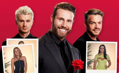 Three men in formal attire holding roses, with two inset photos of smiling women in formal dresses against a red background.