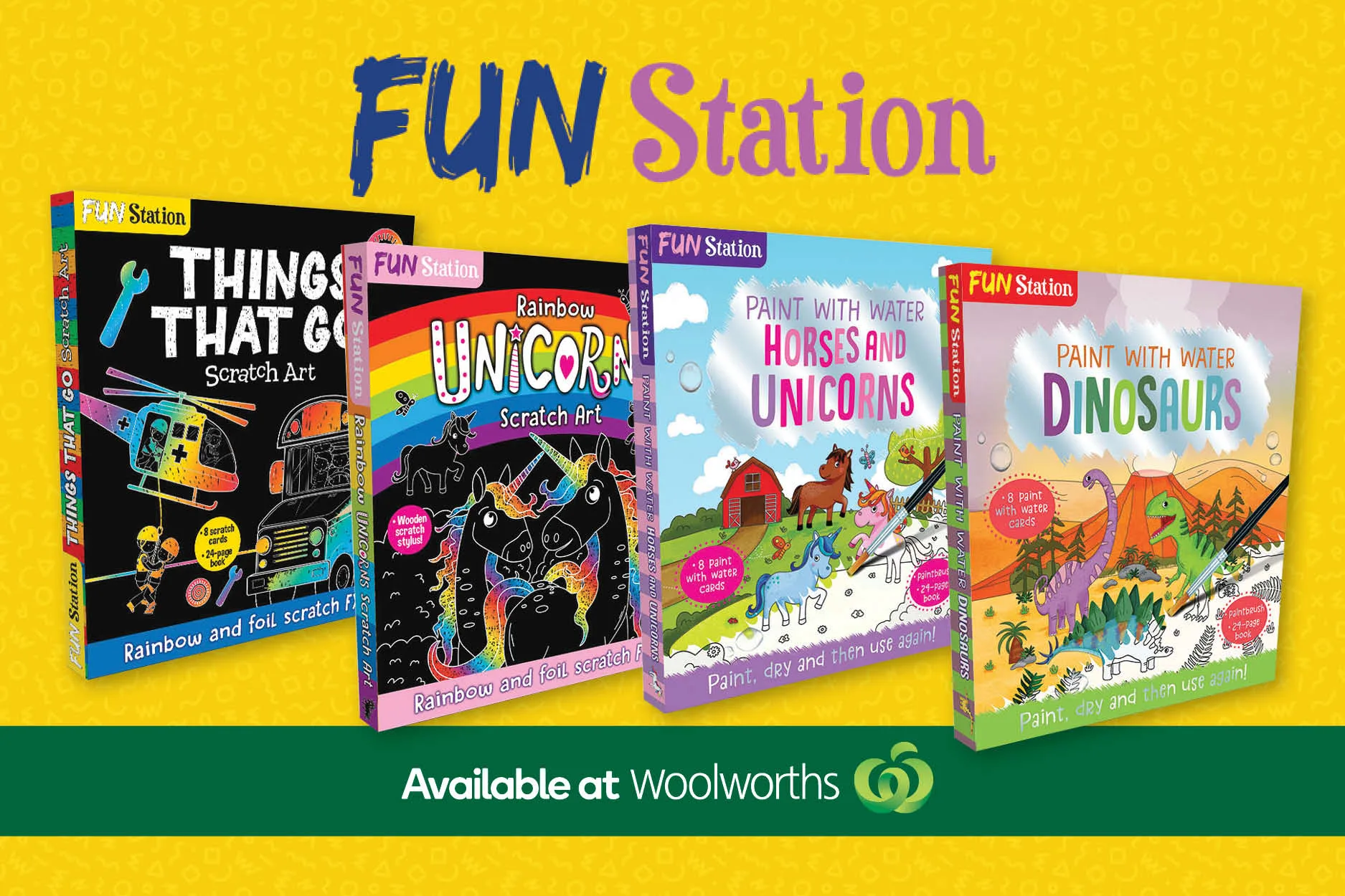 "Four colorful FUN Station activity books: scratch art and paint with water, available at Woolworths."