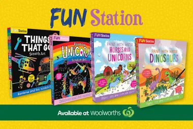 "Four colorful FUN Station activity books: scratch art and paint with water, available at Woolworths."