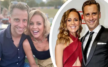 Two photos of a smiling couple; one casual outdoors, one dressed up at an event.