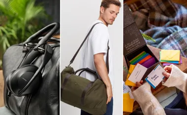 A leather bag with headphones, a man holding a duffel bag, and a person opening a box of colorful envelopes.