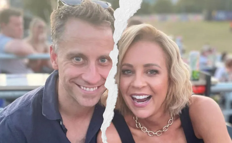 A smiling man and woman sit together outdoors, a torn line through the image implies separation.