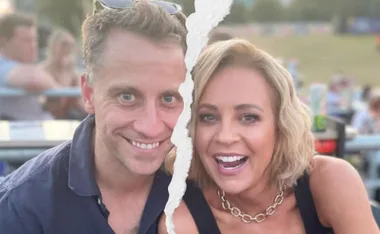 A smiling man and woman sit together outdoors, a torn line through the image implies separation.