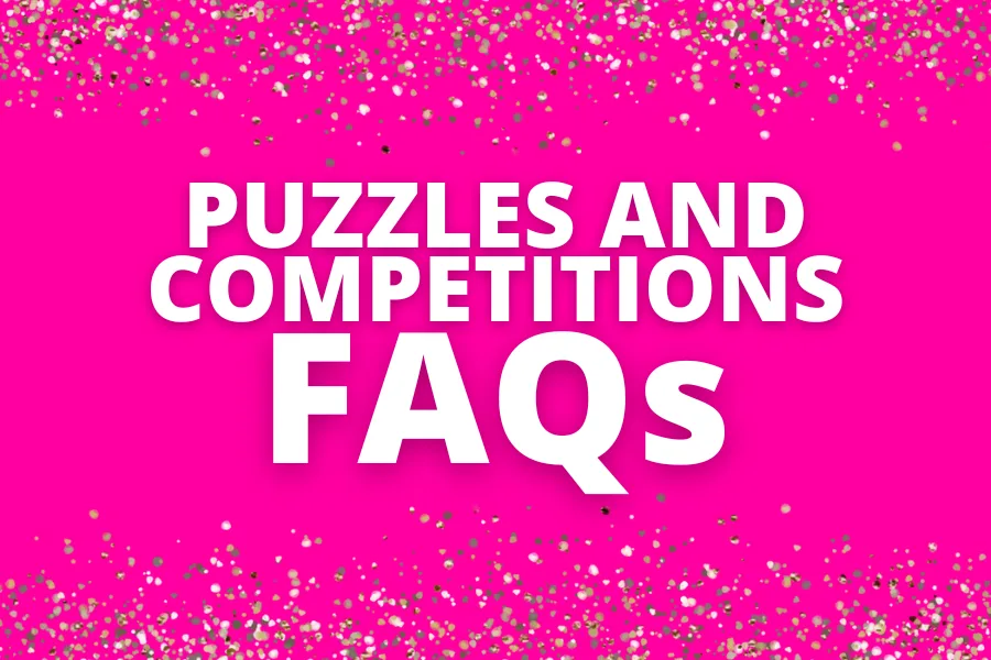 "White text 'Puzzles and Competitions FAQs' on bright pink background with sparkling border."
