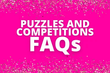 "White text 'Puzzles and Competitions FAQs' on bright pink background with sparkling border."