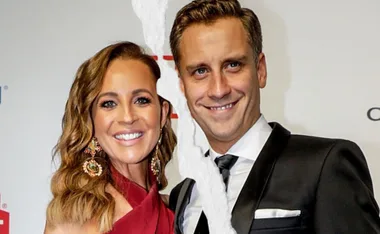 A smiling couple stands together in formal attire, with a torn effect down the center indicating separation.