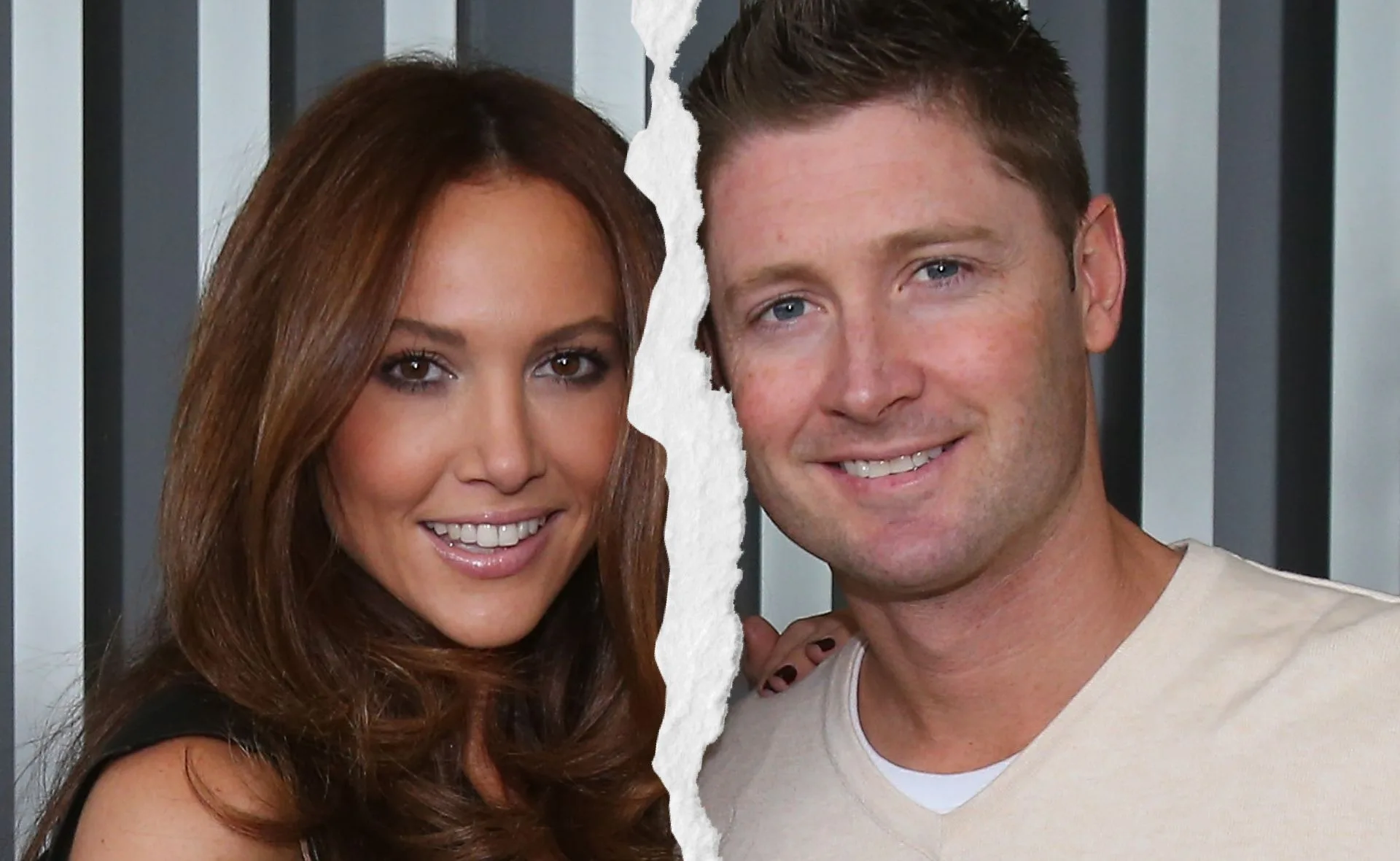 A couple smiling with a vertical tear separating the image, suggesting a possible breakup or separation.