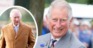 King Charles III smiling in a suit with a flower pin, inset image shows him in a brown coat.