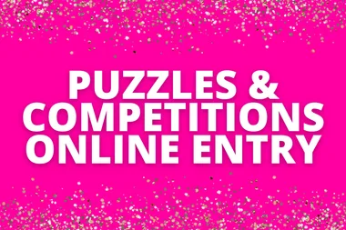 "Puzzles & Competitions Online Entry text on a pink background with gold confetti."