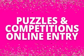 "Puzzles & Competitions Online Entry text on a pink background with gold confetti."