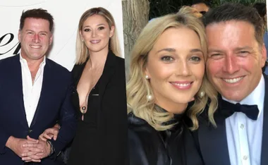 Karl Stefanovic and Jasmine Yarbrough smiling together; one in formal wear, the other in casual attire.