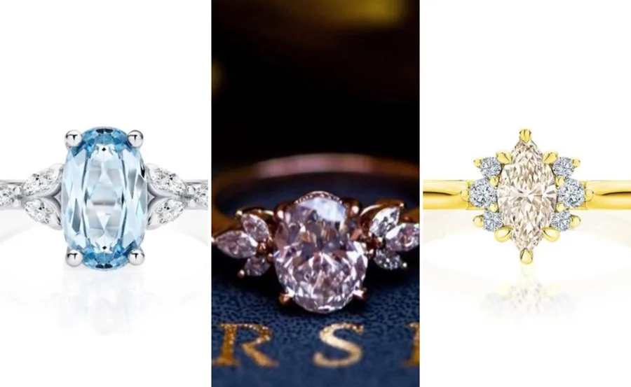 Three engagement rings: light blue stone with silver band, oval diamond with floral design, marquise diamond with gold band.