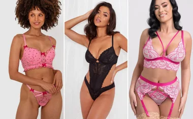 Women modeling various styles of colorful lingerie sets: pink with bows, black lace bodysuit, and floral pink with garter.