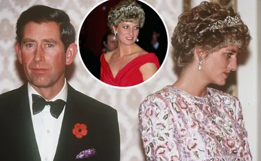 Man in tuxedo with poppy pin and woman in tiara and floral dress; inset shows woman in red dress smiling.