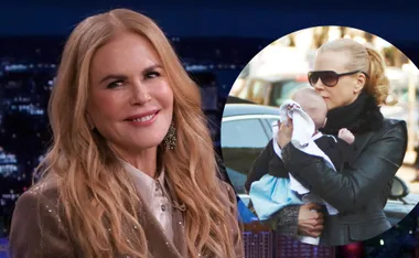Nicole Kidman smiling on a TV show; inset of her holding a baby outdoors, wearing sunglasses and a leather jacket.