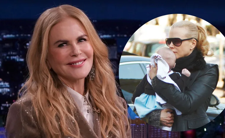 Nicole Kidman smiling on a TV show; inset of her holding a baby outdoors, wearing sunglasses and a leather jacket.